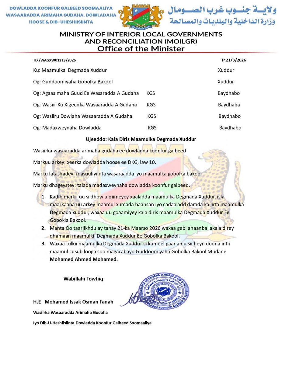 Bklnews1's tweet photo. The Southwest State of Somalia has dissolved the Xuddur district administration after the council expressed support for the Federal Government of Somalia. https://t.co/nk8vcO9QPh