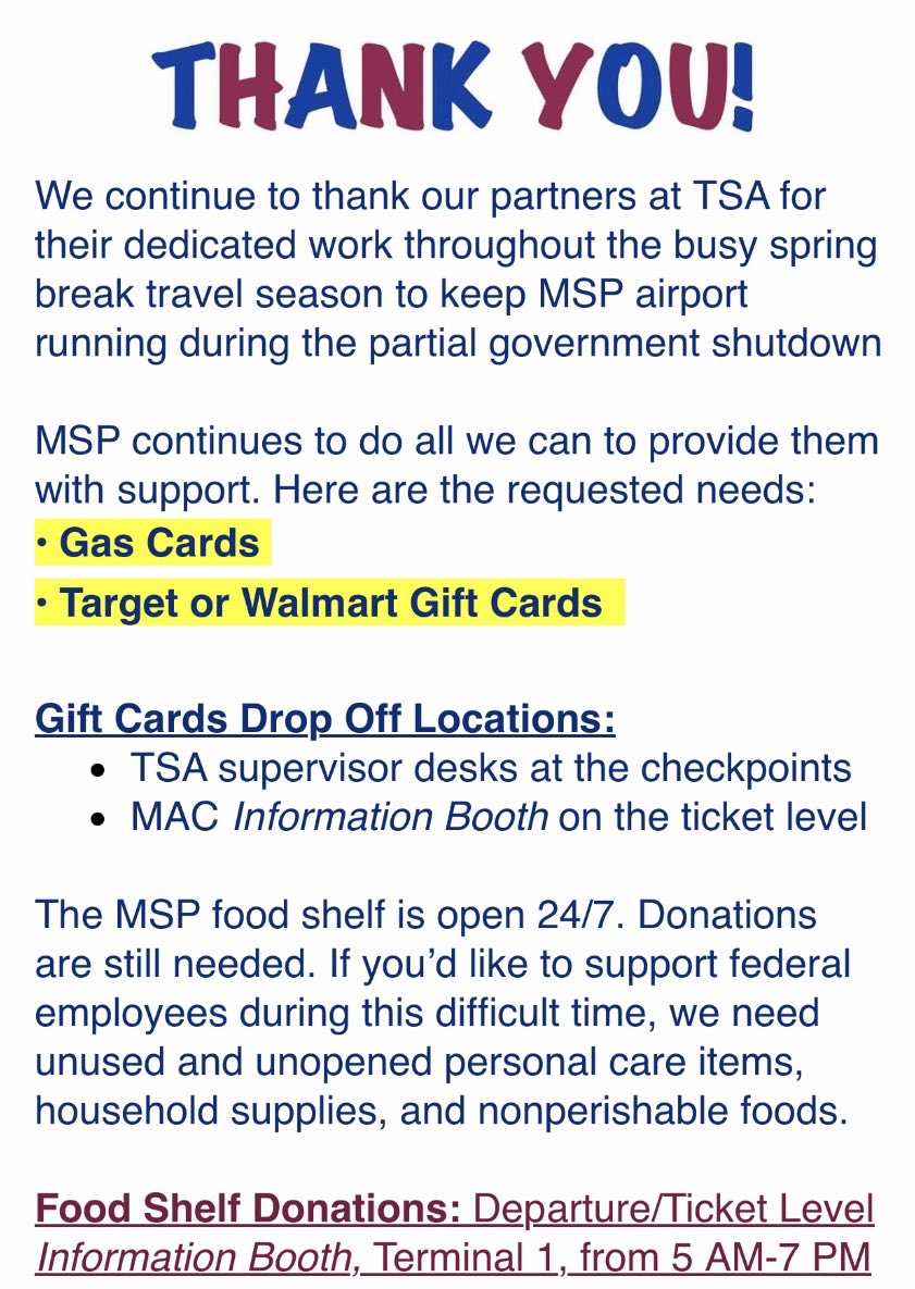 🚨TSA SUPPORT🚨 We join in thanking the federal employees <a href="/mspairport/">MSP Airport</a> for their dedication to the job that has kept the airport running safely.  If you are able to support this effort, please see the flyer. #TSA #MSPAirport #ArmedForcesServiceCenterAtMSPAirport