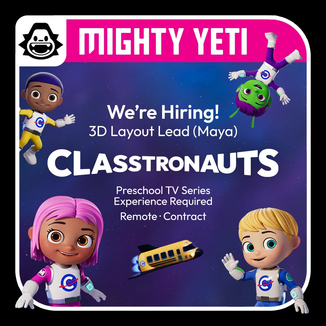 We're looking for a 3D Layout Lead to help bring our preschool animated series to life. 
Requirements:
• Maya Sequencer
• Preschool TV animation experience preferred
Remote • Independent Contractor
Project-based

Apply: lnkd.in/gctgwGVE or MightyYeti.com