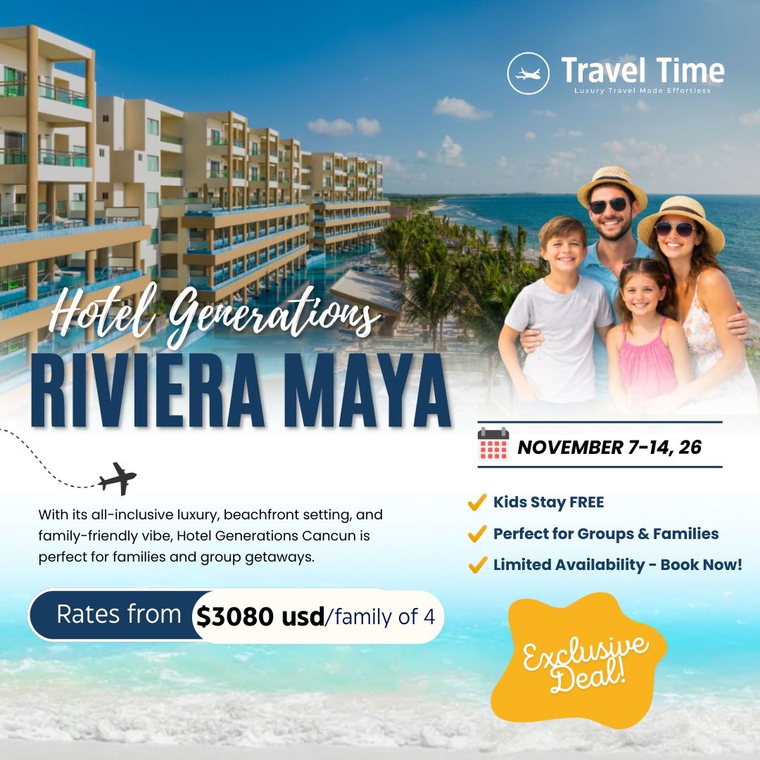TravelTimeLois's tweet photo. Generations Riviera Maya is perfect for families, offering something special for every age—from babies to teens. Kids stay FREE - pay only airfare!

Date: November 7–14, 2026, in the  Oceanfront rooms. 

Plus, enjoy complimentary excursions like the exciting water park adventure. https://t.co/HN8hyCzubF