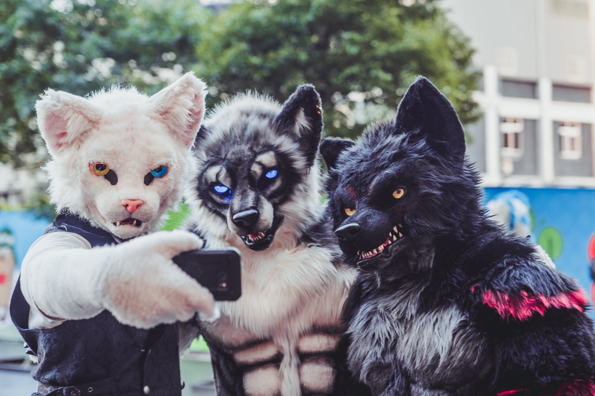 WulfricTaden's tweet photo. Getting ready for a selfie! 🥰

🐱: @Gaokemoner
🐺: @Lycan_Work
🐺: @WulfricTaden 

#FursuitEveryday #Fursuit #Infurnity #Infurnity2018 https://t.co/JNc2vcKQDv