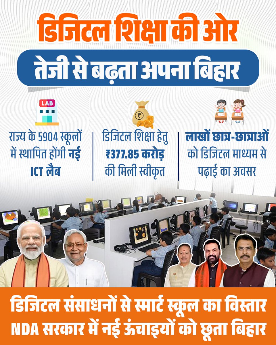 BJP4Bihar's tweet photo. NDA सरकार के दूरदर्शी नी��ि से हो रहा डिजिटल बिहार का विस्तार!

डिजिटल संसाधनों से सुसज्जित होंगे विद्यालय, उज्ज्वल भविष्य का होगा नवनिर्माण!

#NDA4Bihar #DigitalBihar #शिक्षा_क्रांति #ICTLab https://t.co/Yol862uwR1