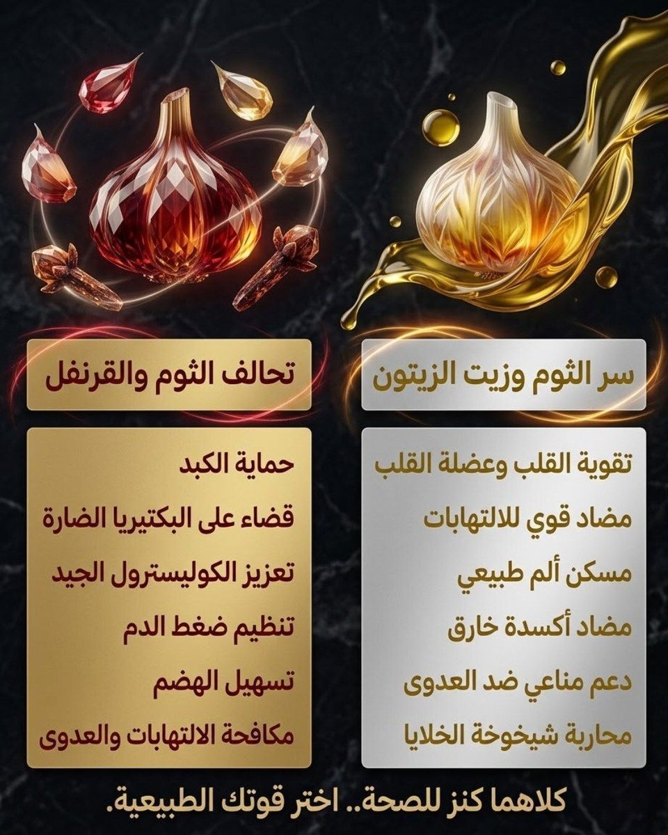 Thaqafnafsak's tweet photo. الثوم مع القرنفل بيعتبر مزيج داعم للجسم،
وبيساعد في تقوية المناعة ومقاومة البكتيريا،
وكمان بيساهم في تحسين الهضم وتنظيم ضغط الدم.
أما الثوم مع زيت الزيتون،
فهو مزيج مفيد لصحة القلب،
وبيساعد في تقليل الالتهابات ودعم الجسم بمضادات الأكسدة،
وكمان بيساهم في تقوية المناعة وتأخير علامات التقدم في العمر.
كل تركيبة ليها دور مهم،
والاختيار يرجع لاحتياج جسمك ونمط حياتك.
#صحة_عامة #طب_بديل #فوائد_طبيعية #علاج_بالأعشاب #صحة_تغذية #وصفات_صحية #نمط_حياة_صحي #صيدلية_الطبيعة #نصيحة_اليوم #أسرار_الصحة #خليك_صحي #حياة_أفضل  #ثقف_نفسك