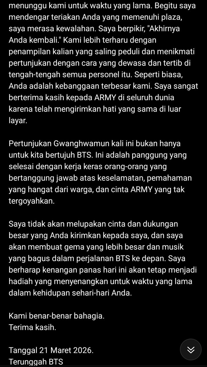RM_TeamIna's tweet photo. Rkive Weverse Update

Seperti biasa, Namjoon selalu meninggalkan pesan indahnya. Joon, kami yang sangat amat berterima kasih. Meskipun sedang cedera, tapi kamu masih tampil dengan sangat totalitas, sampai lompat pakai satu kaki. Sebagai mantan Abas, cedera ankle itu sangat teramat senggol bacok. Tapi bliau bisa lompat-lompatan😭😭 You are so amazing, for real🔥

Thank you soooo much Namjoon💜