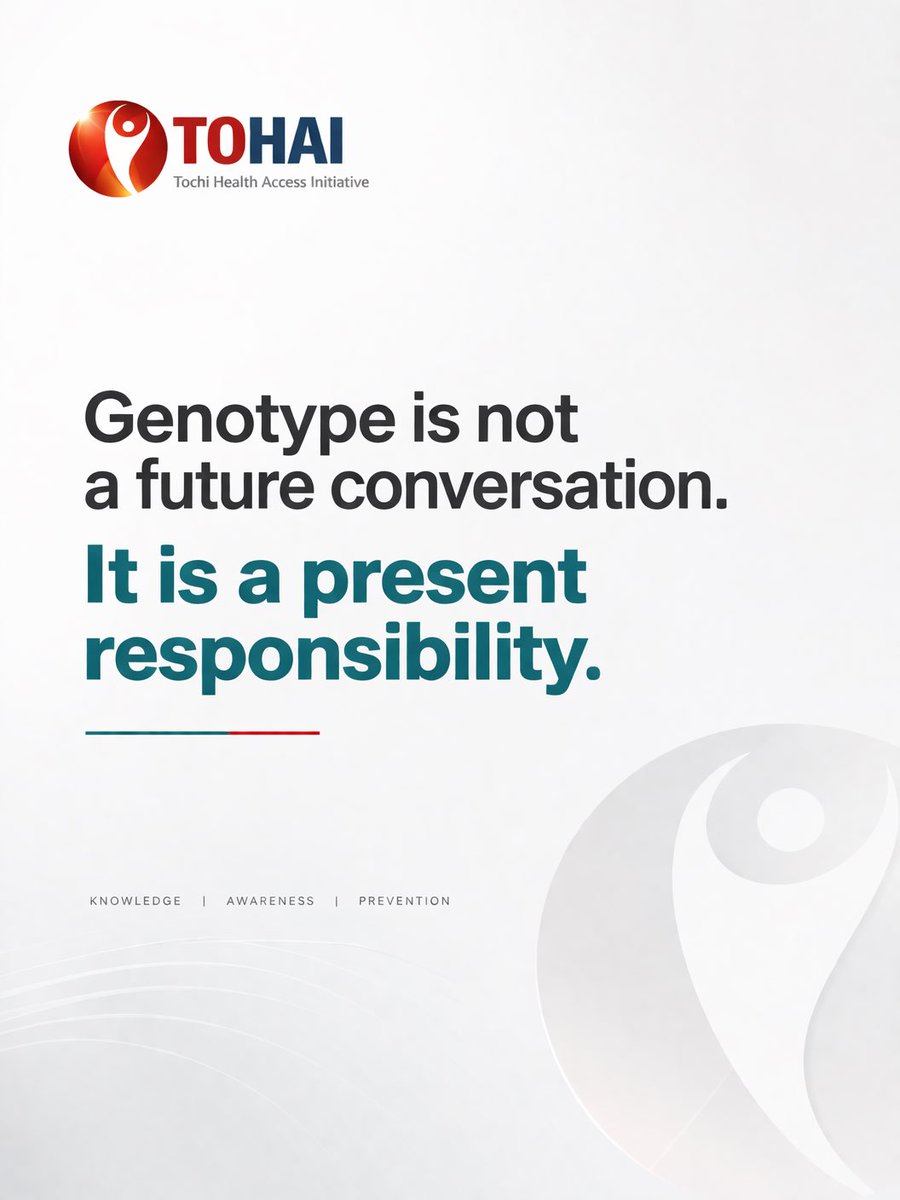 tohai_nigeria's tweet photo. Genotype is not a future conversation.
It is a present responsibility.

AA, AS, SS are not just labels.
They define risk before decisions are made.

Understanding genotype is not optional.
It is foundational to prevention.

Prevention begins with knowledge.
#GenotypeEducation https://t.co/t6P6t974sq