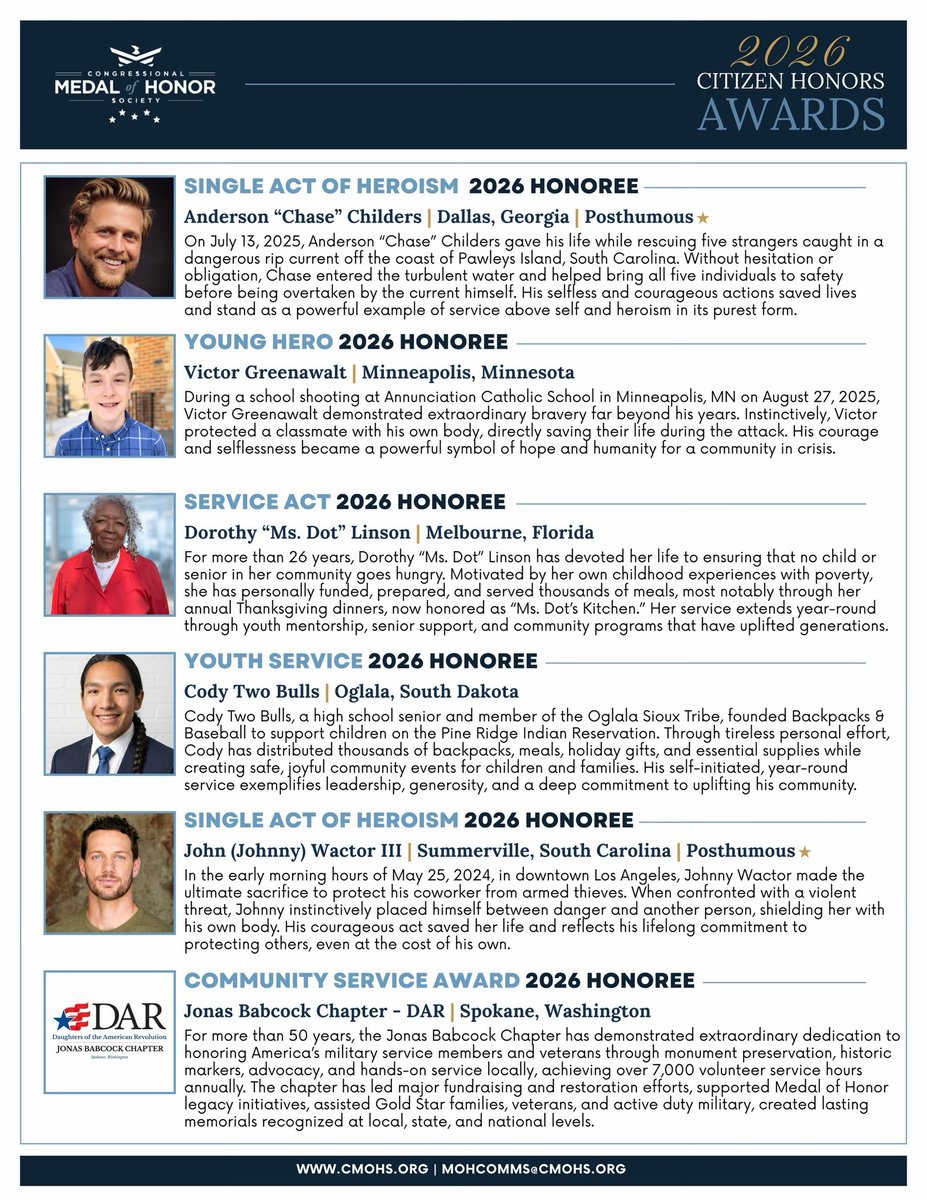 amyklobuchar's tweet image. An incredible group of honorees will be recognized by the Congressional Medal of Honor Society this year, including Victor Greenawalt of Minneapolis, who showed extraordinary bravery during the Annunciation school shooting—shielding a classmate and saving his life.