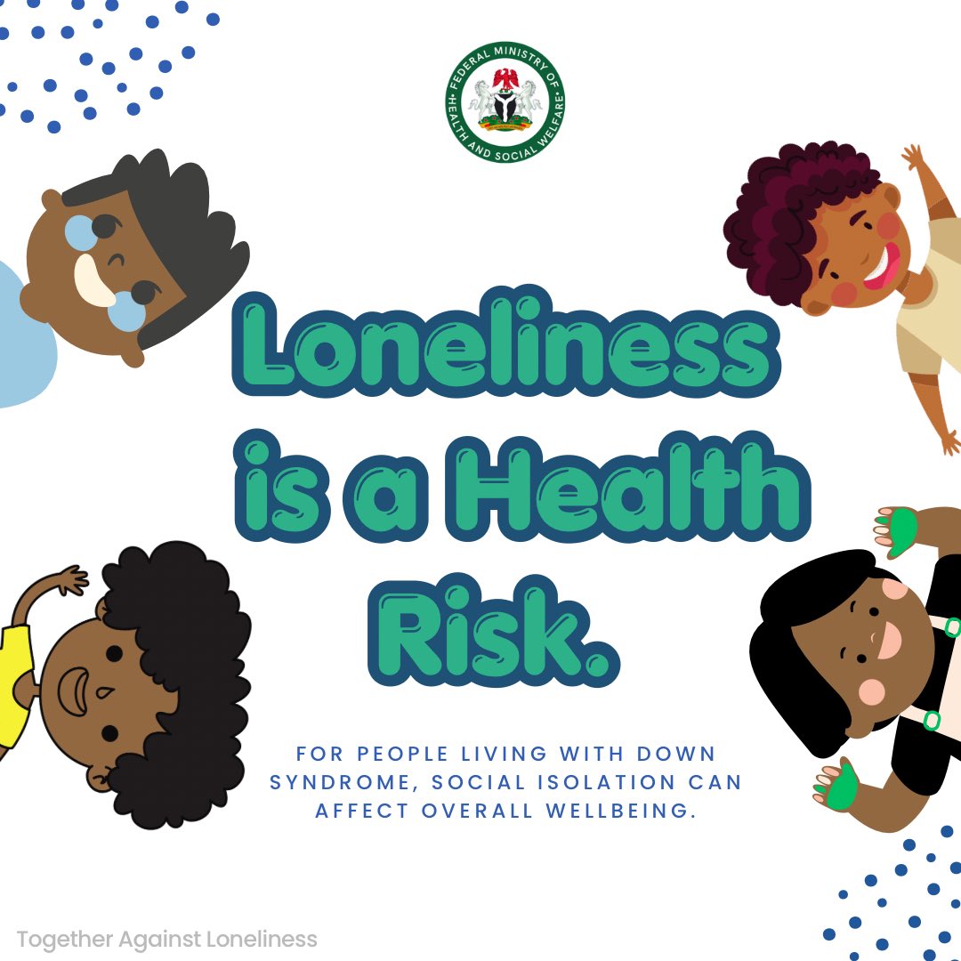 Fmohnigeria's tweet photo. Loneliness is not just a social issue.
It is a health and wellbeing concern.

People living with Down syndrome are more likely to experience social isolation, which can affect mental health, access to care, and overall quality of life.

This is why the Federal Ministry of Health and Social Welfare continues to prioritise:

✔️ Inclusive healthcare services
✔️ Mental and social wellbeing support
✔️ Community-based care systems
✔️ Policies that promote dignity and inclusion

Because better health outcomes begin with connection, inclusion, and care.

Together Against Loneliness.

#WDSD #HealthForAll #LeaveNoOneBehind #MinistryOfHealthNG