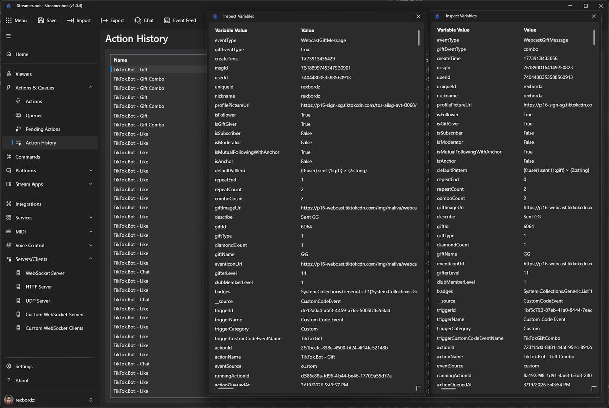 rexbordz's tweet photo. Do we have any https://t.co/HcWYshAx9d users that streams on Tiktok? This week I discovered a way to get tiktok events on streamerbot without the need of using a separate app, and now I’m developing a user-friendly integration for it. Here’s some event data samples. https://t.co/uCBwfbY5dA