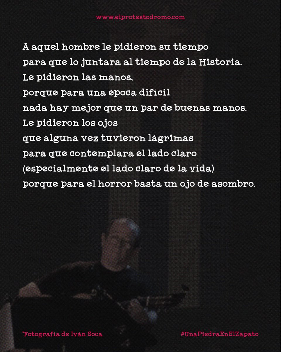 ElProtestodromo's tweet photo. #Llamarada | ⏱️ En tiempos difíciles ⏱️
Poema de Heberto Padilla. 

“Le pidieron las piernas, duras y nudosas,
(sus viejas piernas andariegas)
porque en tiempos difíciles
¿algo hay mejor que un par de piernas
para la construcción o la trinchera?”

#UnaPiedraEnElZapato https://t.co/8NDKSl70Ms