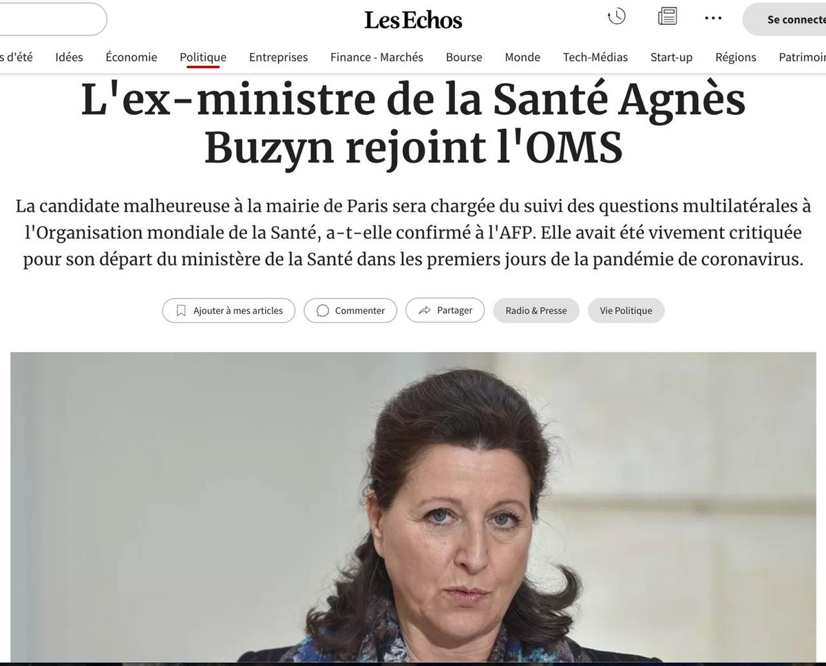 01/2021 L’ancienne ministre de la Santé Agnès Buzyn a confirmé sa nomination à l'Organisation mondiale de la santé (OMS), à Genève, où elle sera chargée du suivi des questions multilatérales. « Je vous confirme », avoir rejoint le 4 janvier 2021 le cabinet du directeur général de