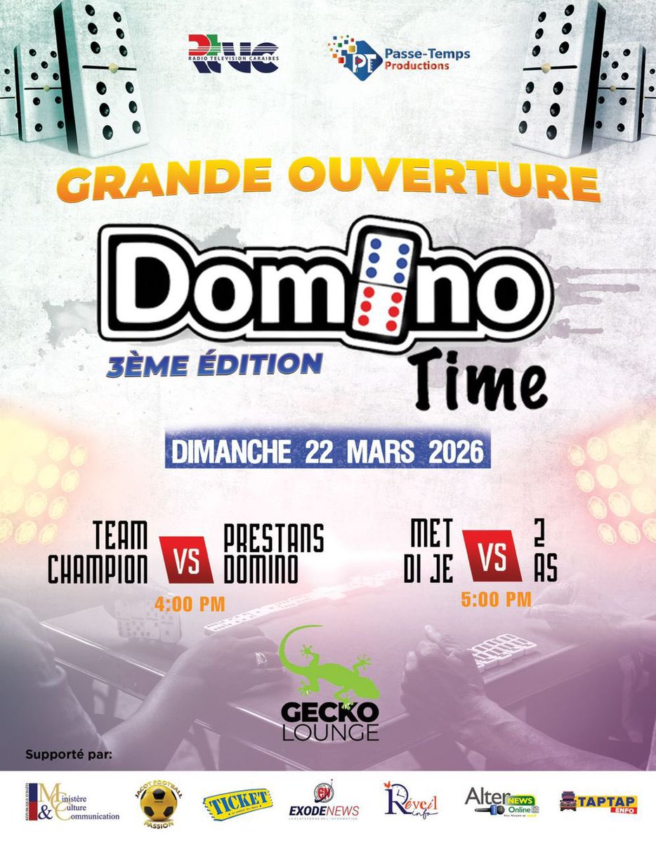 TapTapEnfo's tweet photo. 🎲 Domino Time ap retounen pou 3èm edisyon li!

📅 Dimanch 22 mas 2026
📍 Gecko Lounge

Yon randevou espesyal pou fanatik domino yo ak anpil anbyans 🔥
#TapTapEnfo #DominoTime #Domino https://t.co/tLtJYq3RXl
