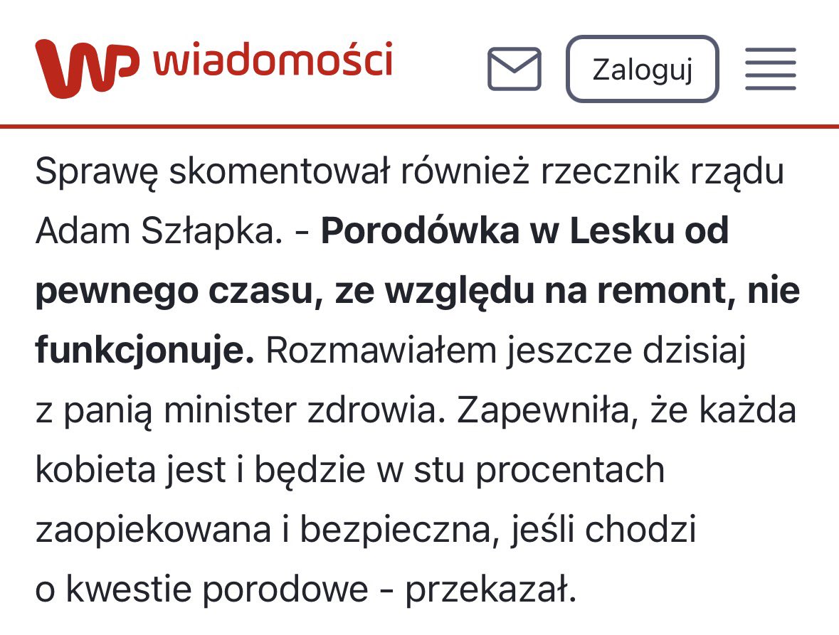 Premier Tusk powiedział nieprawdę, że porodówka w Lesku nie została zamknięta.
Teraz rzecznik rządu Adam Szłapka kłamie, że porodówka nie funkcjonuje ze względu na remont.
Nie chodzi o żaden remont. Po prostu zabrakło pieniędzy i zamknięto oddział.