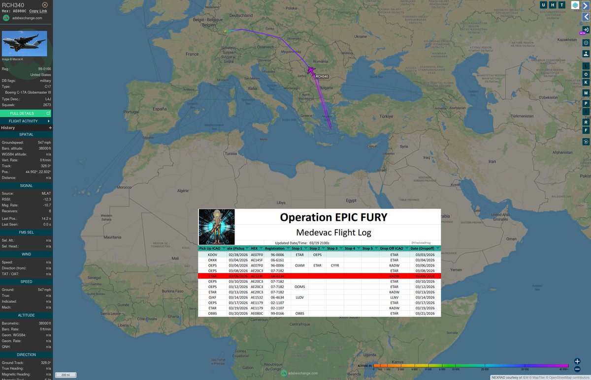 US Air Force C-17A Globemaster III #AE080C as RCH340 is inbound to Ramstein Air Base, Germany from Isa Air Base, Bahrain on at least the 11th medevac mission since the start of Operation EPIC FURY.