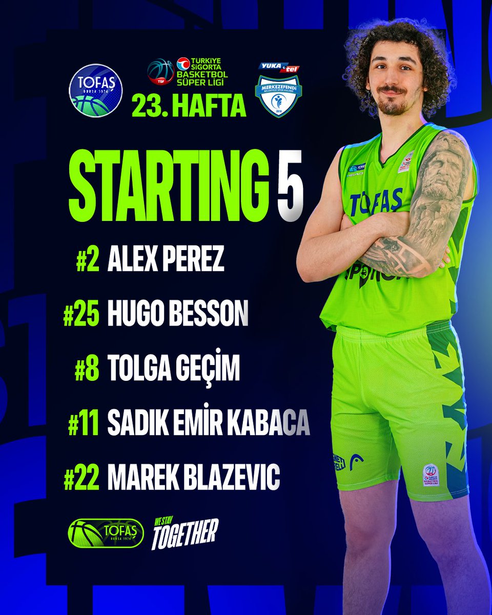 TofasSporKulubu's tweet image. #BSL l 📣 𝗬. 𝗠𝗲𝗿𝗸𝗲𝘇𝗲𝗳𝗲𝗻𝗱𝗶 𝗕𝗹𝗱. karşısında ilk 5'imiz; ⤵️

▪️ Alex Perez
▪️ Tolga Geçim
▪️ Hugo Besson
▪️ Sadık Emir Kabaca
▪️ Marek Blazevic

#WeStayTOGETHER 🔵🟢 #BirlikteZaferlere