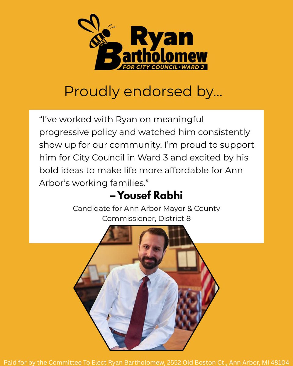 RyanBforWard3's tweet photo. I’m incredibly proud to have the endorsement of Yousef Rabhi! Yousef has been a champion fighting for real progressive change. He knows that the future of A2 is directly tied to how well we take care of working people in our community. I can’t wait for him to be our next mayor! https://t.co/00rUlir522