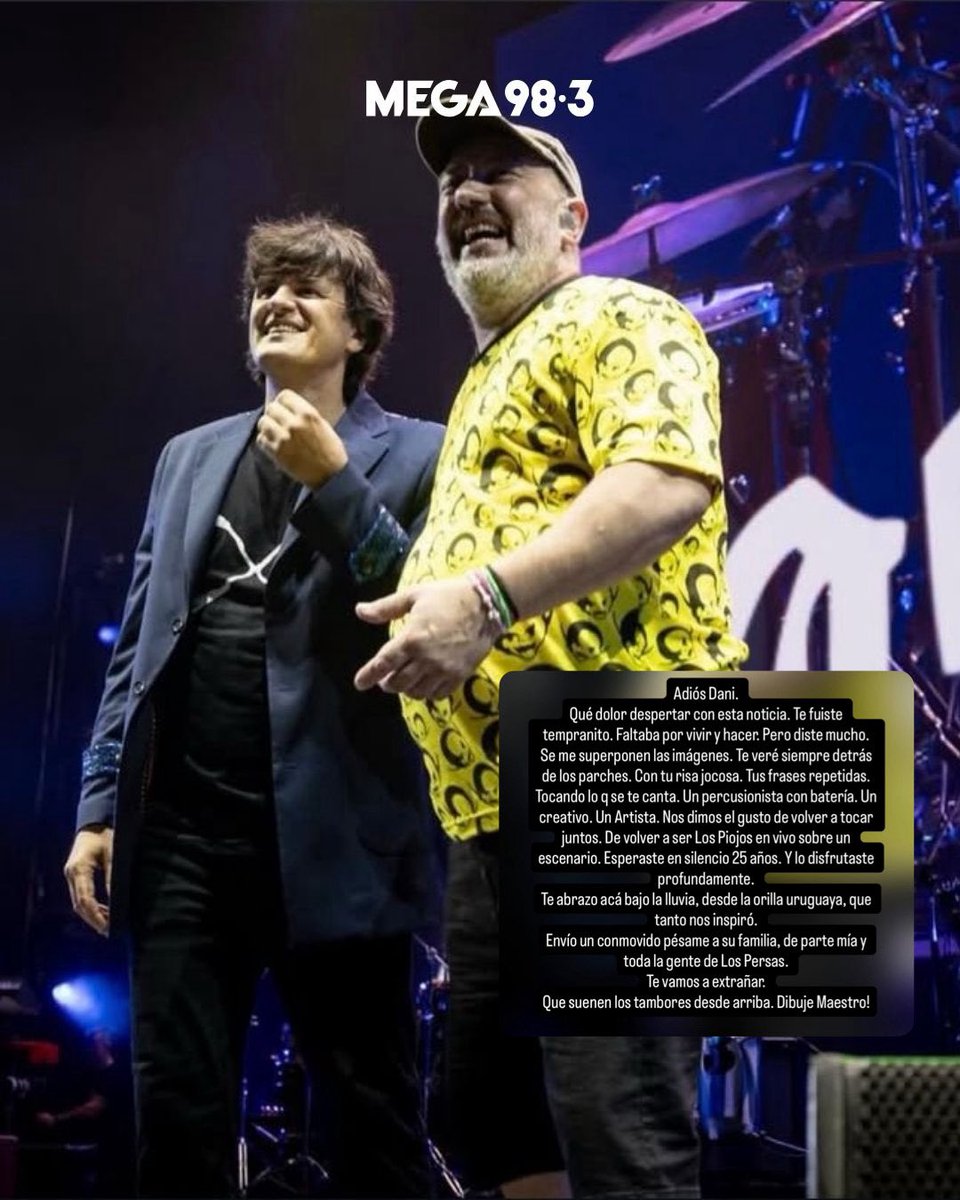 “QUE SUENE LOS TAMBORES DESDE ARRIBA, DIBUJE MAESTRO” 🥺

<a href="/ciroylospersas/">Andres Ciro Martinez</a> recordó en sus redes sociales a su amigo, Dani Buira 

🕊️ “Nos dimos el gusto de volver a tocar juntos, de volver a ser Los Piojos” 

🎸 Mega 98.3 | #PuroRockNacional
