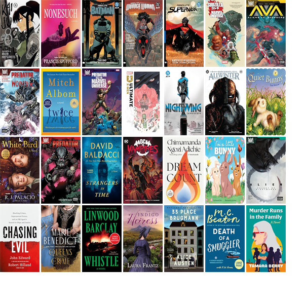 HoodCoTXLibrary's tweet photo. This week the Hood County Library has 58 new books.  New items include Nonesuch, Absolute Batman 1, Absolute Wonder Woman 1, Absolute Superman Vol. 1, Godzilla vs. the Marvel Universe, Aliens vs. Avengers, Predator vs. Wolverine, and Twice. https://t.co/Fr0tKrCzlR https://t.co/sdFnk0XsYF
