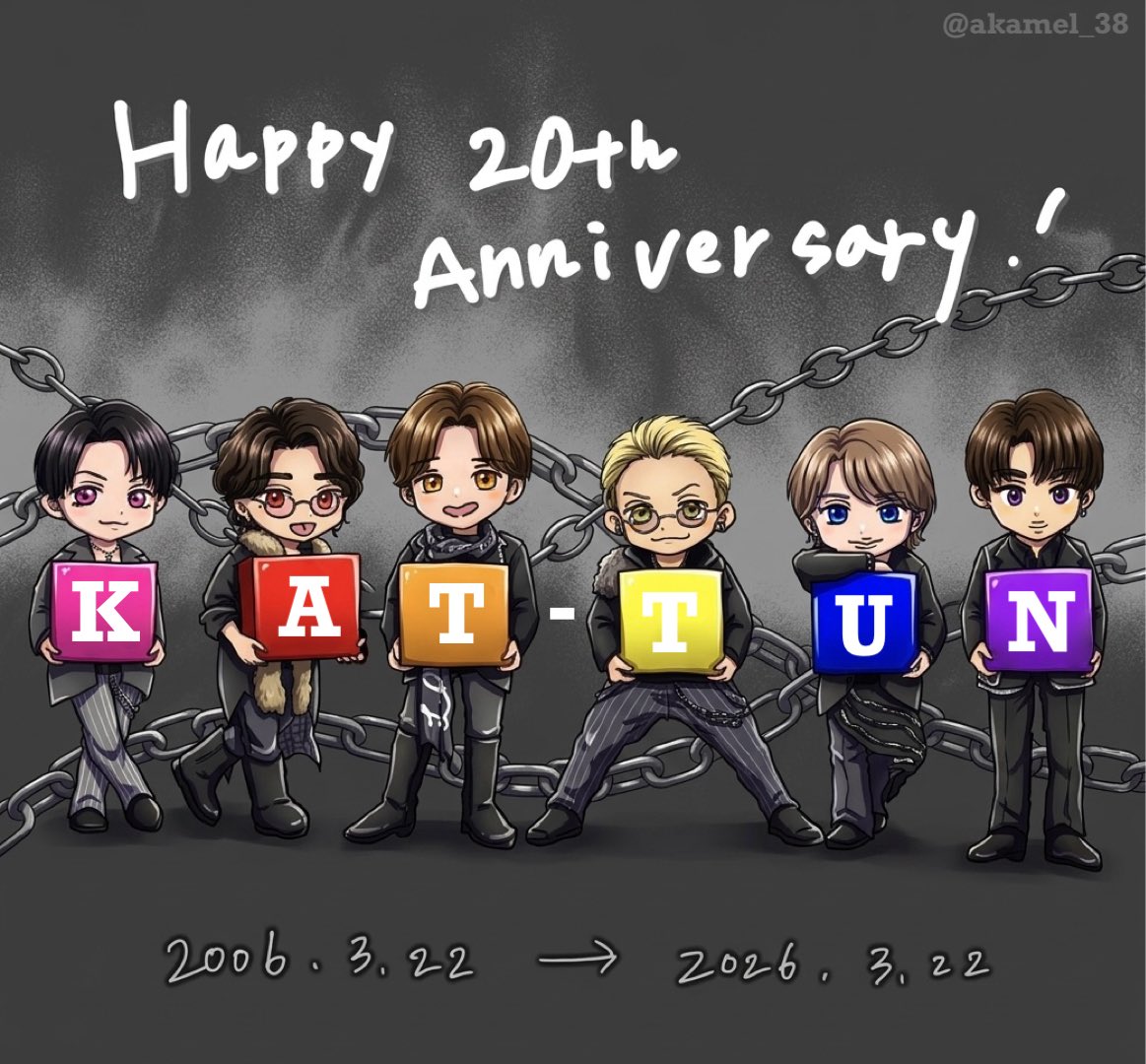 KAT-TUN、20周年おめでとうございます🩷❤️🧡💛💙💜デビュー会見のお衣装×現在の御姿で描いてみたよ〜！去年は最高のラストライブをありがとう🏴‍☠️これからもよろしく🔥 #KATTUN #KATTUN20周年 #KATTUN20th #KATTUN20thanniversary
