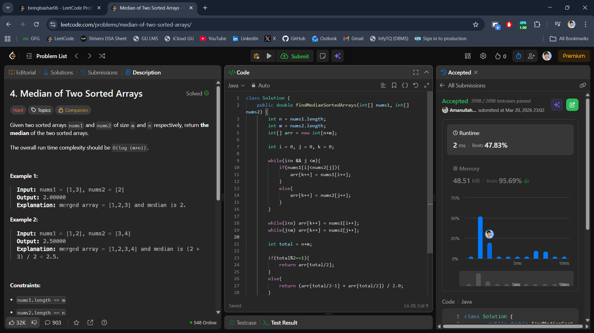 beingbashar06's tweet photo. #Day84 of #100DaysOfCodeChallenge

Solved a classic array problem today.

• Median of Two Sorted Arrays

Merge two sorted arrays using the two-pointer approach and compute the median based on total length.
Day 84 done ✅

#100DaysOfCode #LeetCode #DSA #Java #Arrays https://t.co/v4JybBjEdu