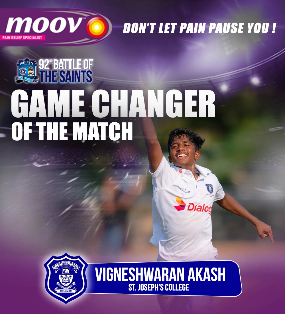 ThePapareSports's tweet image. Vigneshwaran Akash, who picked up a match bag of 10 wickets for St. Joseph’s College, earns the Moov Sri Lanka Game Changer of the Match in the 92nd Battle of the Saints.

#BattleOfTheSaints #BigMatchSeason