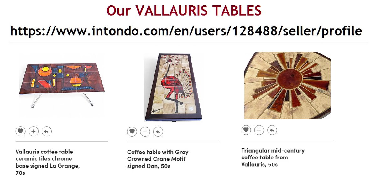 VintageFindsFR's tweet image. Mid-Century VALLAURIS coffee tables; abstract geometric ceramic tile top by "La Grange,"  triangular table with handcrafted ceramic top in a radiant sunburst mosaic of amber, rust, beige tiles, signed Barrois. and colorful Gray crowned Crane bird tile top signed Dan #CoffeeTable