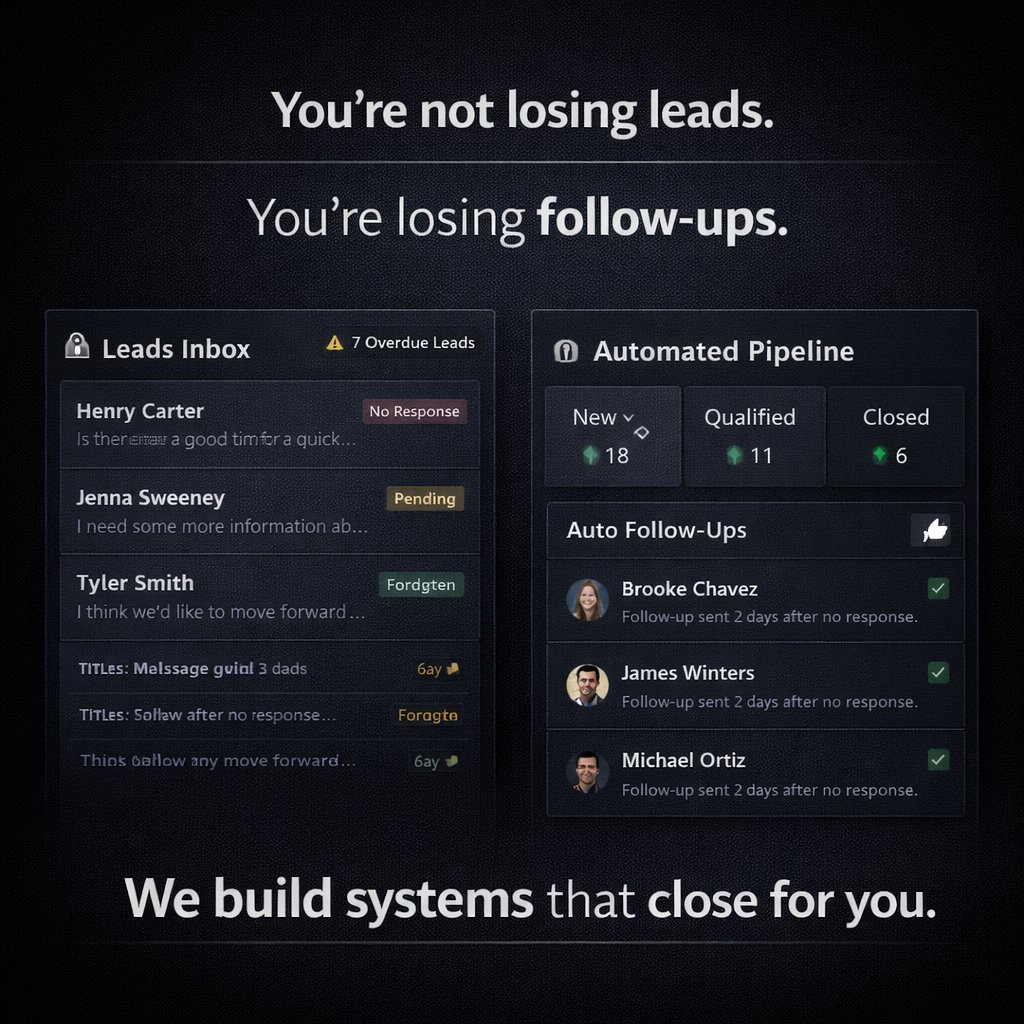 hiveforensics's tweet photo. Most consultants don’t have a lead problem.

They have a follow-up problem.

Leads come in…
And then:
– No structured pipeline
– No automated follow-ups
– No visibility on deal status

So opportunities die quietly.
We build internal systems that:
• Track every lead automatically
• Trigger follow-ups based on behavior
• Move deals through a structured pipeline
• Give you full visibility on what’s closing and what’s stuck

This isn’t another CRM.

It’s a system that actually moves deals forward.

If you’re manually chasing leads, you’re leaving money on the table.
Comment “LEADS” and we’ll show you how it works.