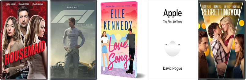 lhtlibrary's tweet photo. This week the Long Hill Township Library has 56 new books and six new movies.  New items include The Housemaid, F1, Love Song, Apple, Regretting You, Adult Braces, CODA, Now You See Me, Everyone in This Bank Is a Thief, and Finlay Donovan Crosses the Line. https://t.co/j8KgnnPFif https://t.co/1OmdrUKsXr