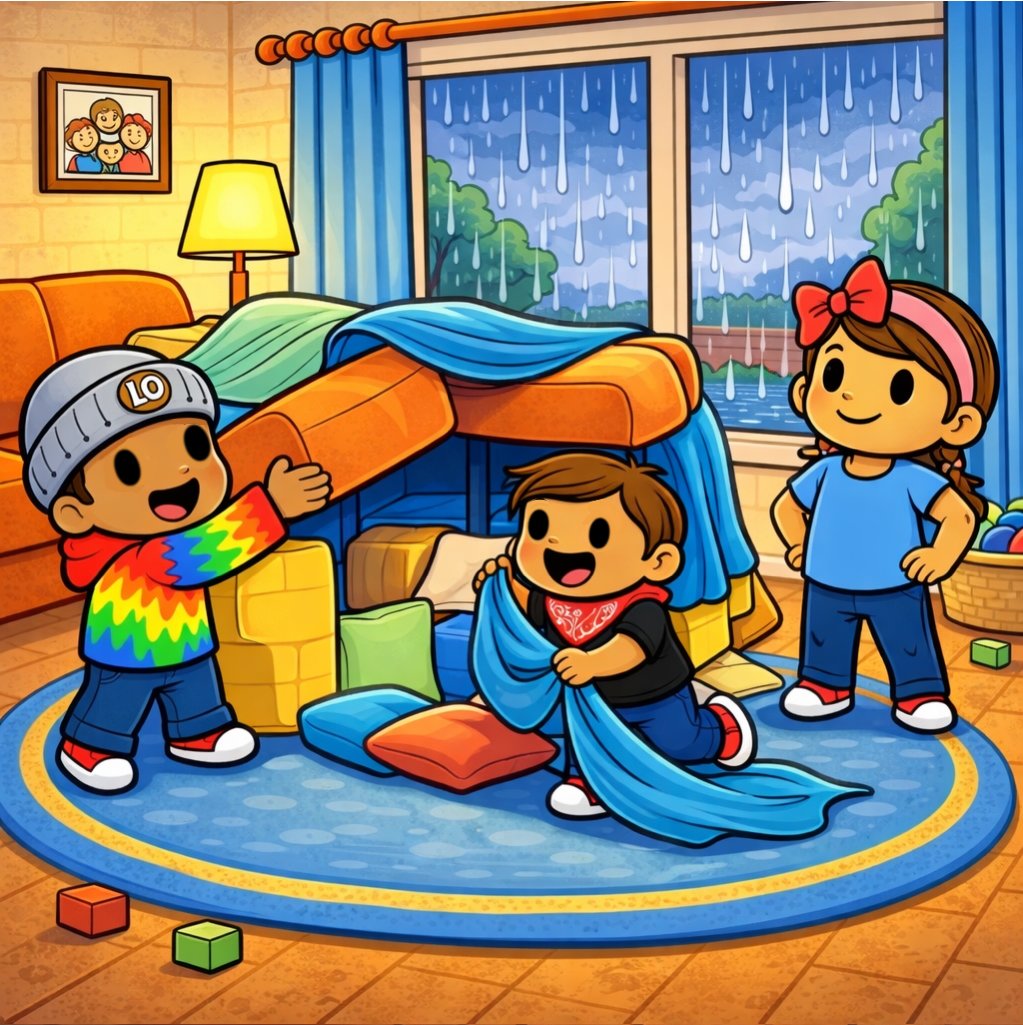 𝗟𝗶𝘁𝘁𝗹𝗲 𝗢𝗹𝗹𝗶𝗲 𝗮𝗻𝗱 𝘁𝗵𝗲 𝗥𝗮𝗶𝗻𝘆 𝗗𝗮𝘆 𝗙𝗼𝗿𝘁

𝗣𝗮𝗴𝗲 𝟱

Just then, Lily walked into the room.

She stopped and looked around at the pillows and blankets everywhere.

“What are you two doing?” she asked.

“We’re building a fort!” Ollie said proudly.

“The