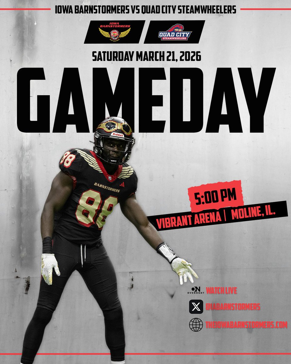 IT’S GAME DAY. 😤 The Iowa Barnstormers hit the road to take on the Quad City Steamwheelers TONIGHT! Kickoff is at 5PM. #LetsFly

📍Moline, IL
📱<a href="/OvernghtMedia/">Overnght Media</a>
🎉 Rookie's Sports Bar &amp; Grill