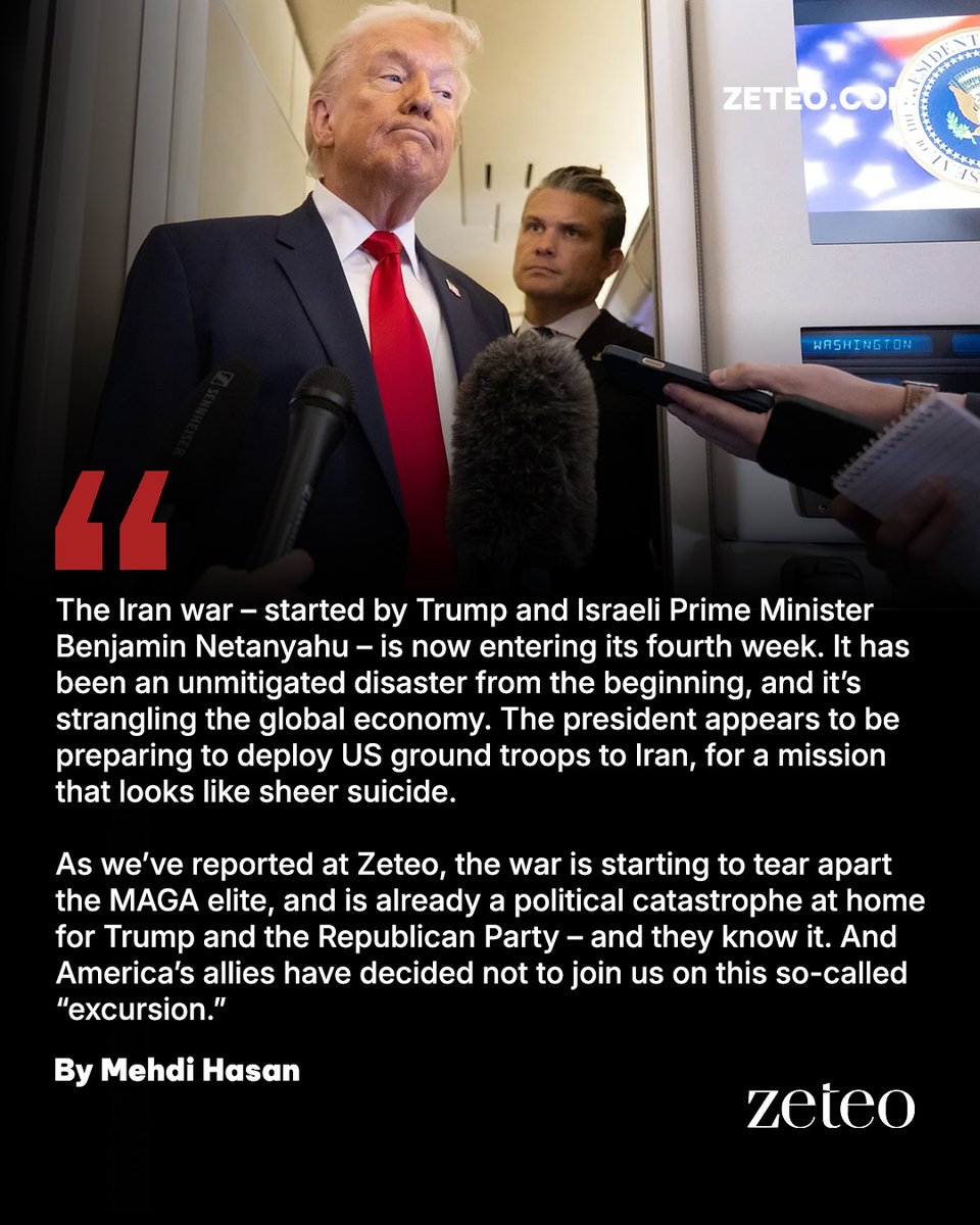 zeteo_news's tweet photo. “The president &amp; his party want to silence anyone in the media willing to admit what a colossal shitshow this all is. We refuse to be silent.”

Trump’s White House keeps attacking our editor-in-chief, @mehdirhasan, because we're exposing the truth about their illegal war on Iran. https://t.co/2lF140yvRm