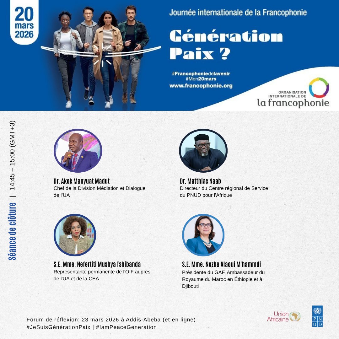 RPUA_OIF's tweet image. J-2 le Forum de réflexion " Génération Paix ? Contribution de la jeunesse pour un monde plus apaisé" en collaboration avec  @AUC_PAPS &amp;amp; @UNDPAfrica. Le Forum se tiendra à @_AfricanUnion dans la "Plenary Hall meeting room" du batiment Julius Nyerere. 

Le programme 👇