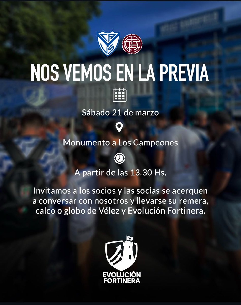 evo_fortinera's tweet photo. ¡HOY NOS ENCONTRAMOS EN LA PREVIA!
✍️Desde las 13:30HS nos vemos en el Monumento a los Campeones, para charlar, escuchar y firmar avales.
💙Por una linda previa y una victoria del equipo de Guillermo🤍
Hoy @Velez vs @CALanusOficial
#Velez #Evolucion #Liniers #ElFortin #Lanus https://t.co/fe1ecXtCvP