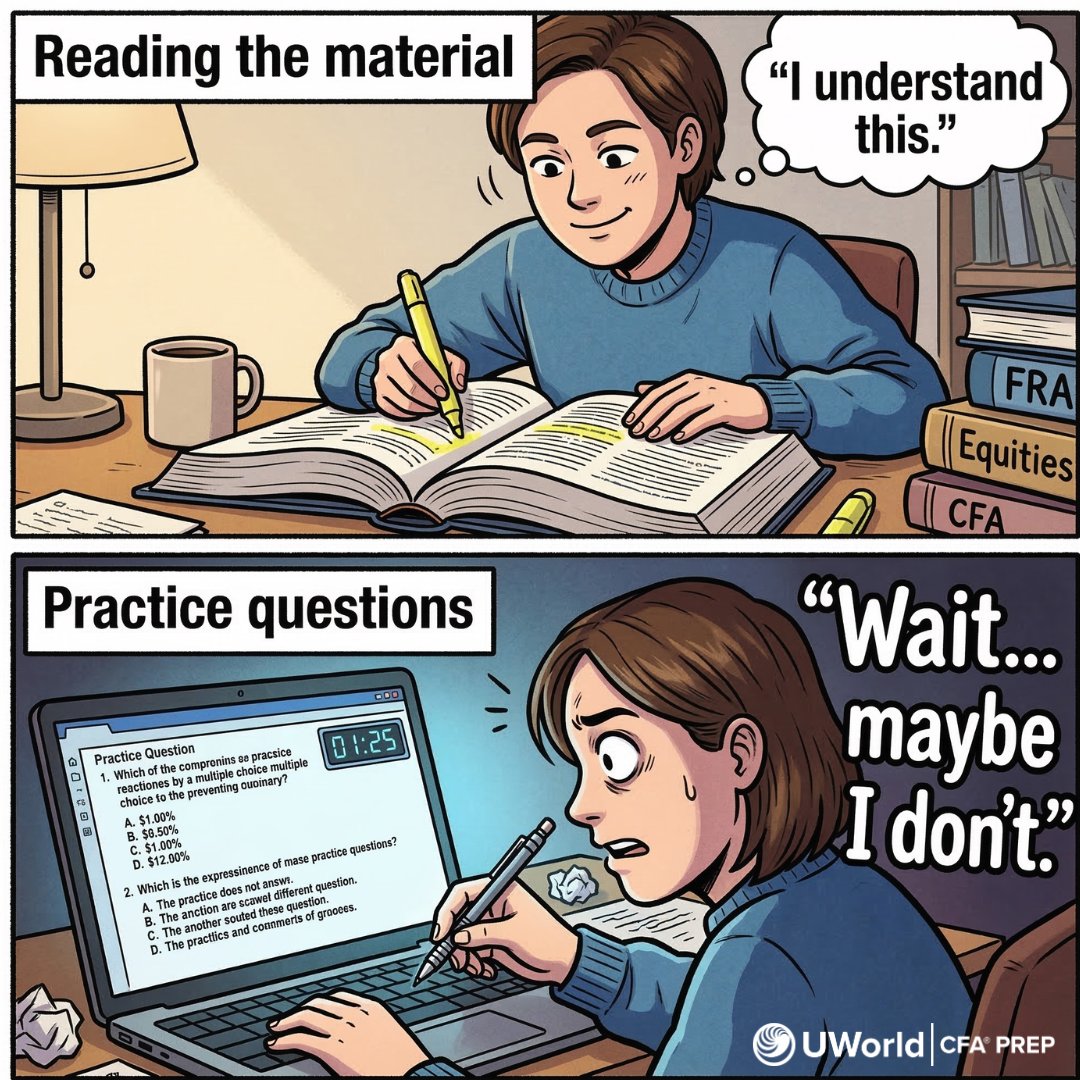UWorldFinance's tweet photo. Reading the material:

“I understand this.”

Practice questions:

“Wait… maybe I don’t.” 😅

Reading builds familiarity.
Practice builds exam skill.

📚 Try CFA-style questions free:
https://t.co/XmJFqaVVQQ

#CFA #CFALevel1 #CFAprep https://t.co/EgNPD6Dl8G