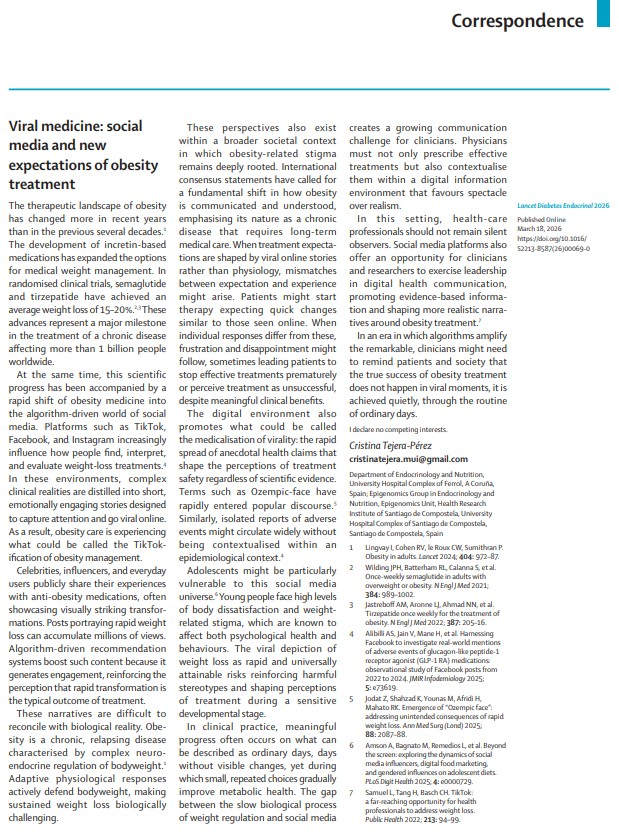 luan_fuchs's tweet photo. Fim da patente da semaglutida (Ozempic) ontem no Brasil e as redes sociais pegando fogo com promessas de emagrecimento milagroso. Um artigo importante da The Lancet Diabetes & Endocrinology alerta: o TikTok, Instagram e Facebook estão criando expectativas totalmente irreais sobre tratamentos de obesidade com semaglutida e tirzepatida.Aqui no Brasil, onde a obesidade explodiu 118% em 18 anos (agora afeta 25,7% dos adultos – Vigitel 2025), os stories virais de “before and after” em 30 dias geram frustração enorme. Muita gente abandona o tratamento na primeira dificuldade, ignora o “rosto de Ozempic” e esquece que obesidade é doença crônica.Esses remédios são um avanço gigantesco, mas não são mágicos. Resultado duradouro exige acompanhamento médico, reeducação alimentar e paciência.Profissionais de saúde: chegou a hora de contra-atacar o hype com informação de qualidade nas redes!Vocês já viram isso rolando por aí? Comenta #OzempicBrasil #Semaglutida #ObesidadeNoBrasil #SaudePublica #EmagrecimentoReal