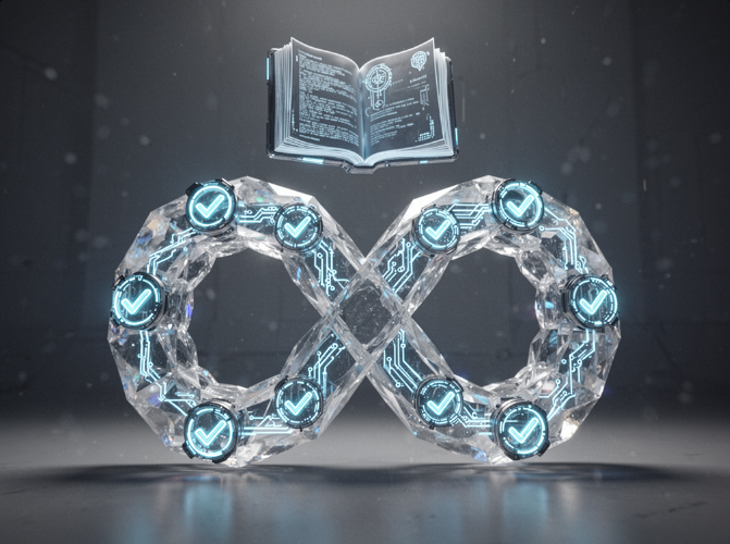 failproof02's tweet photo. Proof in Light” – this digital sculpture visualises @PsyProtocol  philosophy of verifiable work. The transparent crystal lattice forms an infinite loop, each glowing node represents an immutable record, and the tiny check‑marks signal that every action can be audited and confirm. https://t.co/1ljLZ2d5qq