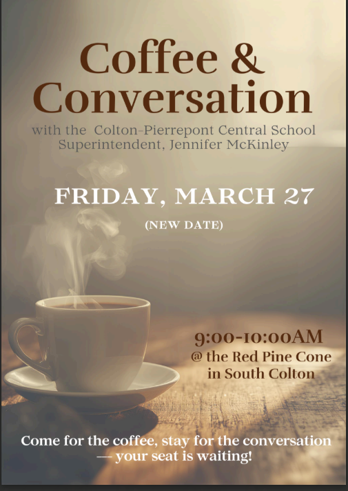 CPCSColts's tweet photo. Join our Superintendent Jennifer McKinley for Coffee &amp; Conversation, Friday, March 27th at the Red Pine Cone! https://t.co/wYqTqE6Crw