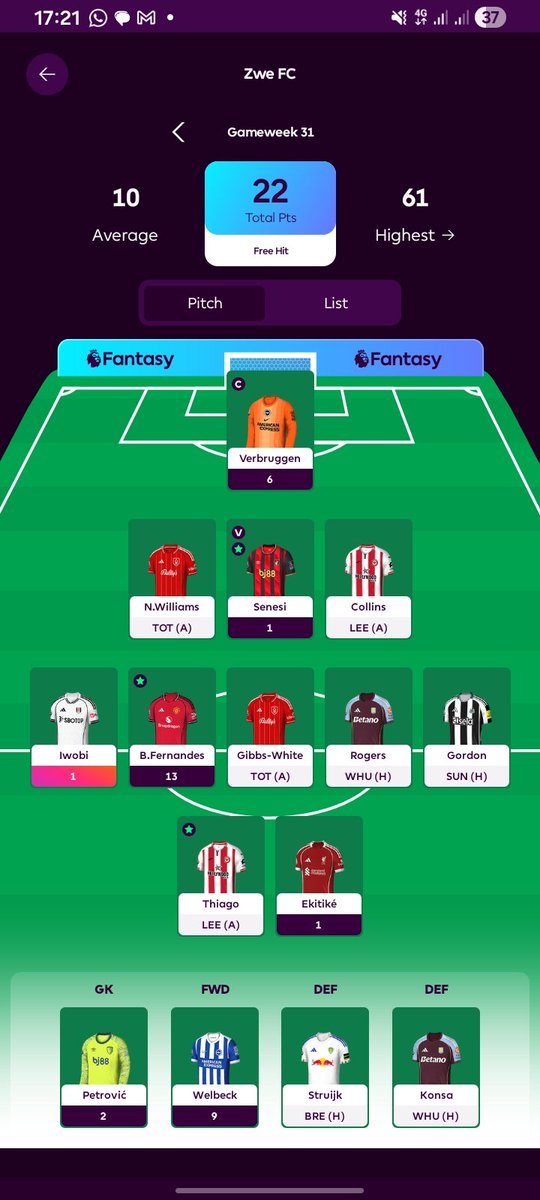 I benched Welbeck for Ekitike and this is what I got 😪
<a href="/OfficialFPL/">Fantasy Premier League</a>