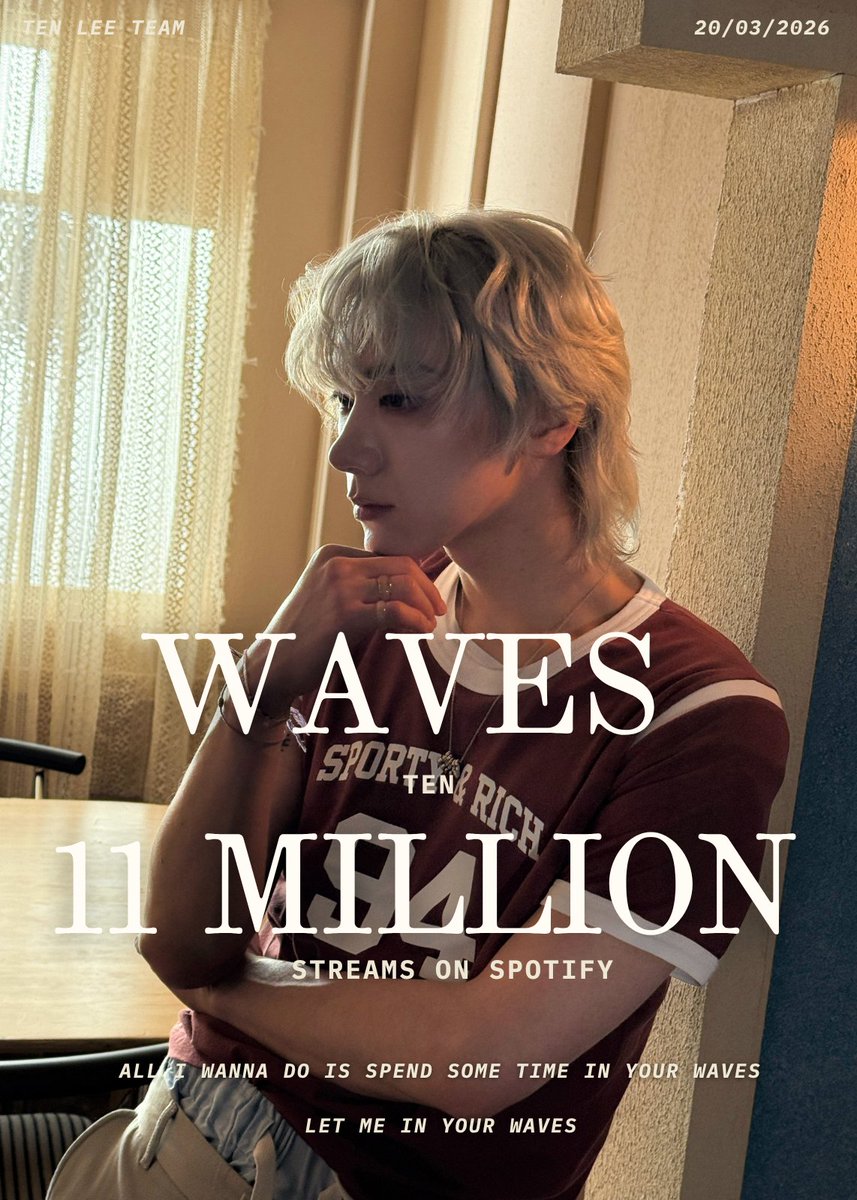 Congratulations to TEN LEE 🎉

#TEN_Waves has surpassed 11 MILLION streams on Spotify 👏🏻👏🏻👏🏻

เพลง Waves ของเตนล์มียอดสตรีมบน Spotify มากกว่า 11 ล้านครั้งแล้วค่ะ💜💜💜

🐱 11,006,216 streams 
🐱 open.spotify.com/track/5COfrWRx…

#เตนล์ #TENLEE #TEN #텐