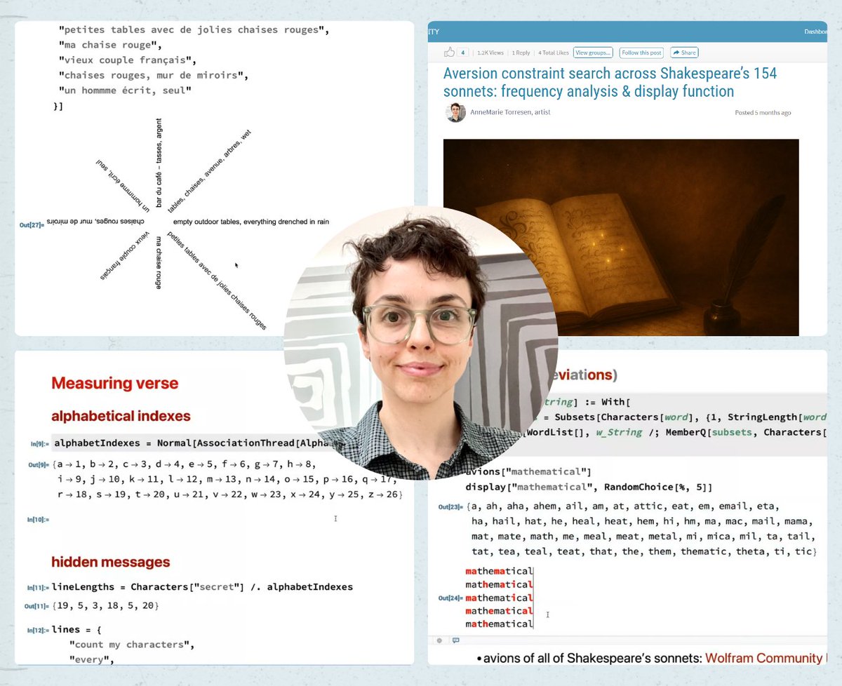 Poetry and mathematics come together #WithWolfram 🤝
Watch this artist (and former Wolfram|Alpha developer) share their work using Wolfram Language to write mathematically inspired poetic forms, combining the beauty of poetry and mathematics.
youtube.com/watch?v=CkGikO…
