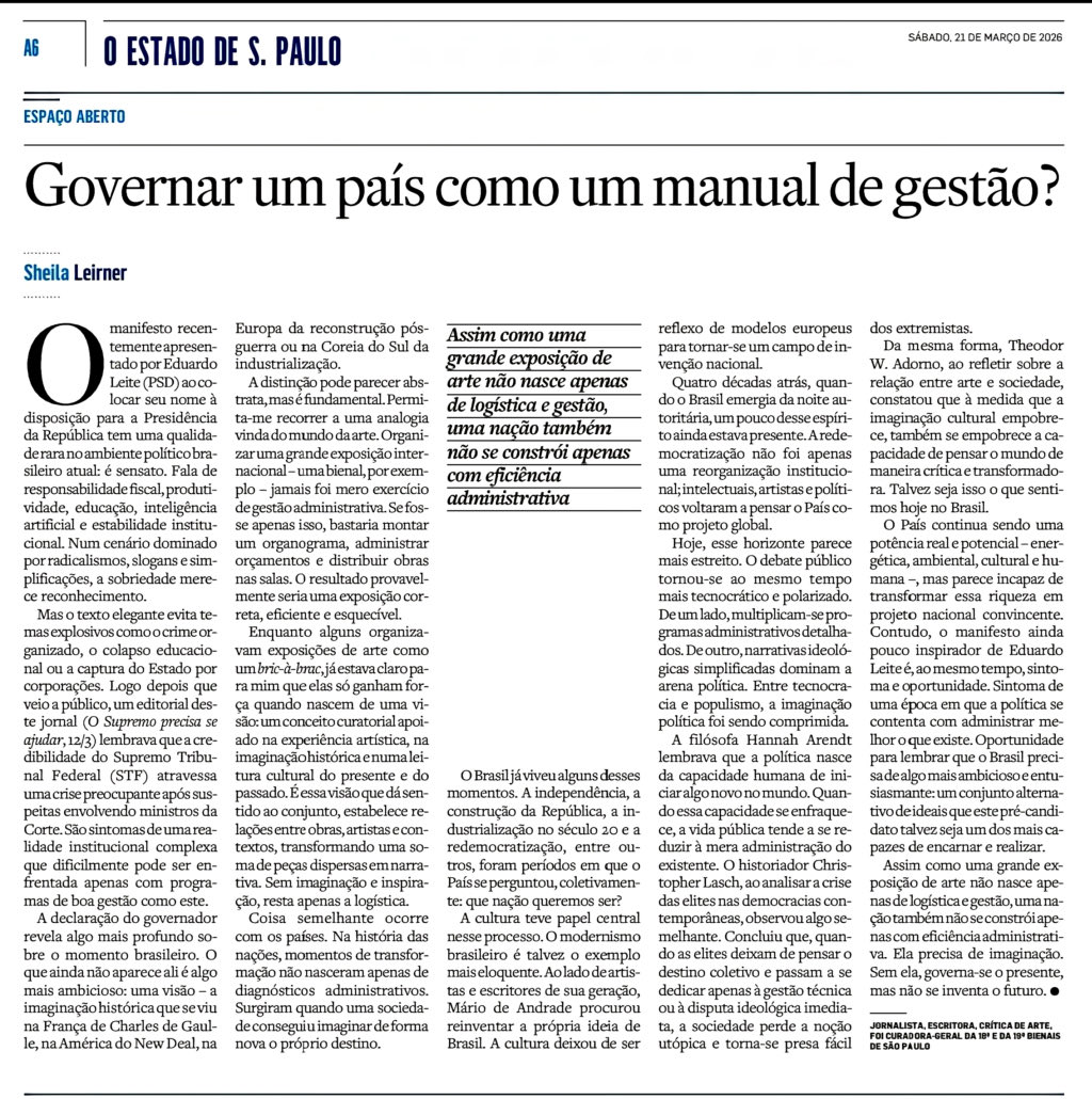 SheilaLeirner's tweet photo. Meu "recado" no Estadão de hoje, 21, aos eleitores e aos senhores @gilbertokassab e @EduardoLeite_ 😉🤞🍀

Boa leitura e ótimo fim de semana, queridos amigos e leitores! 👓☀️💕 https://t.co/uxhkIK3MOT