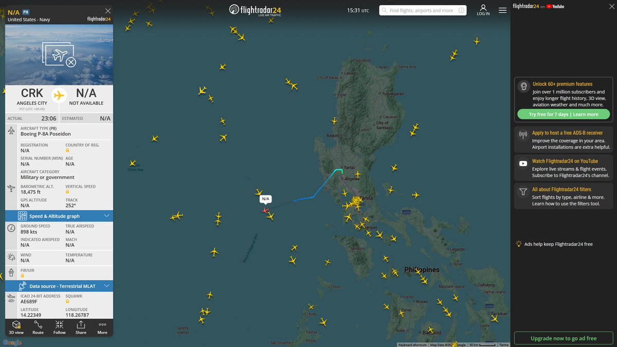 AIYeyENGDdJkjTr's tweet image. Mar. 22, 2026
#Clark Air Base, Philippines #West Philippine Sea 

#NoCALLSIGN #AE689F USN P-8A Poseidon