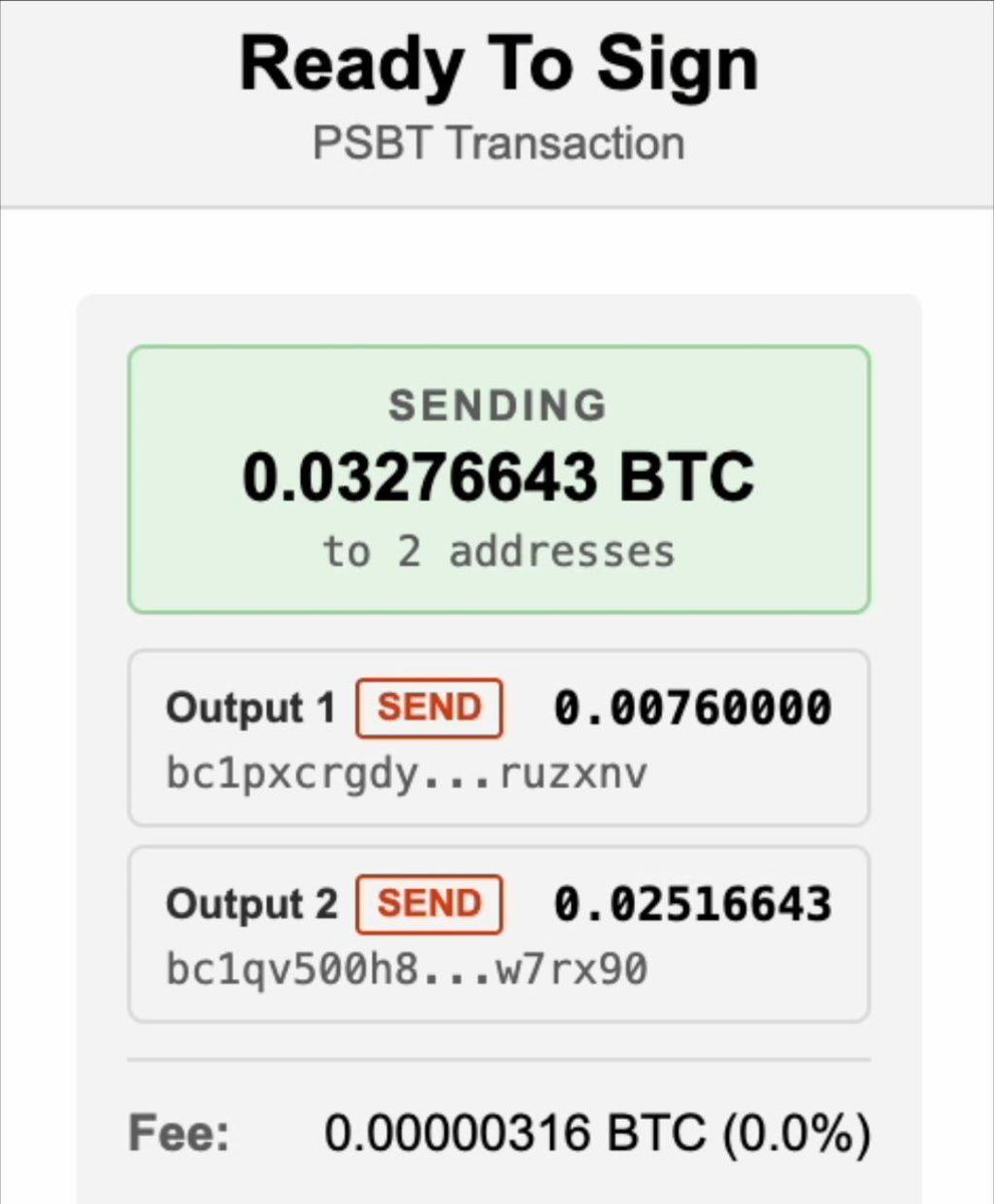 We take your suggestions seriously and the blind signing drawback on our earlier version was a glaring security flaw.

We have fixed the issue and now you can read the addresses and the amount before signing a PSBT on CryoBrick.

x.com/i/status/20333…