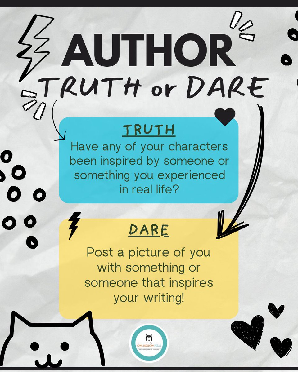 owlhollowpress's tweet image. Happy Saturday friends! We thought we'd start the week with a new round of #AuthorTruthorDare! 

You know what to do: read the prompts then tag your favorite author to share their secrets. We can't wait to see!

🦉 #writinggame #bookish #truthordare