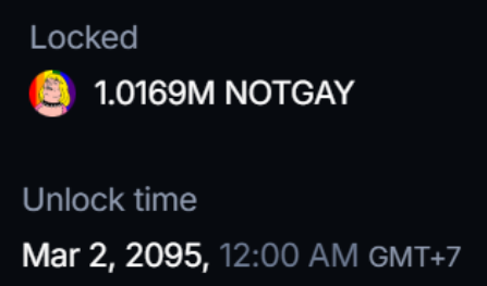 daily burning continues

just bought and burnt 1,016,908 $notgay (0.1%)

tokens locked for 70 years, verify here:
app.streamflow.finance/contract/solan…