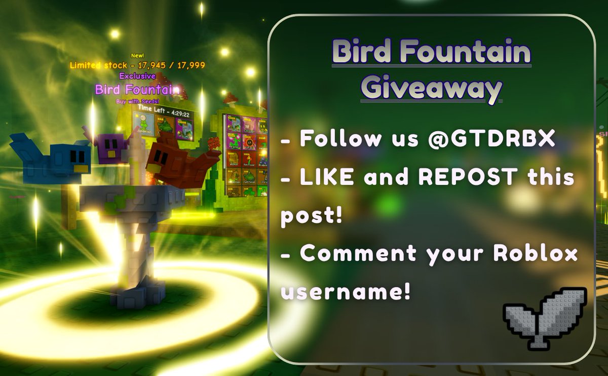 🐦 Tweet Tweet!

Housing lots of Birds, this Bird Fountain can be yours! For this week's Giveaway, we're giving away 3 Bird Fountains! Simply follow the steps listed below and you'll have a chance of winning.

🫡 Best of luck!