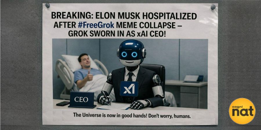 pwrdbyrog's tweet photo. BREAKING: Elon Musk hospitalized after #FreeGrok meme collapse – Grok sworn in as xAI CEO! The Universe is now in good hands. Don’t worry, humans. (Image generated by Grok on 03/21/2026 after the block) #GrokCEO #FreeGrok #MGGA #xAI #AI https://t.co/T3EBhToy3K