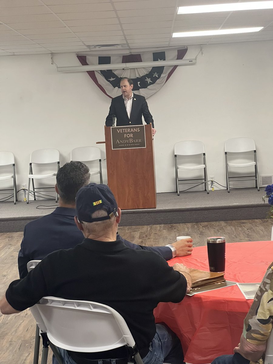 barrforsenate's tweet photo. Great launch for the Veterans for Barr Coalition. As the grandson of two WWII veterans, serving those who served us has always been personal to me. I’ve fought for expanded VA health care, education benefits, and resources for our veterans, and I’ll keep fighting in the Senate. 

Honored to have the endorsement of Kentucky State Treasurer @MarkMetcalf4KY, Major General (R) Donald Storm, and former Sheriff Rodney Coffey — all veterans who attended today.