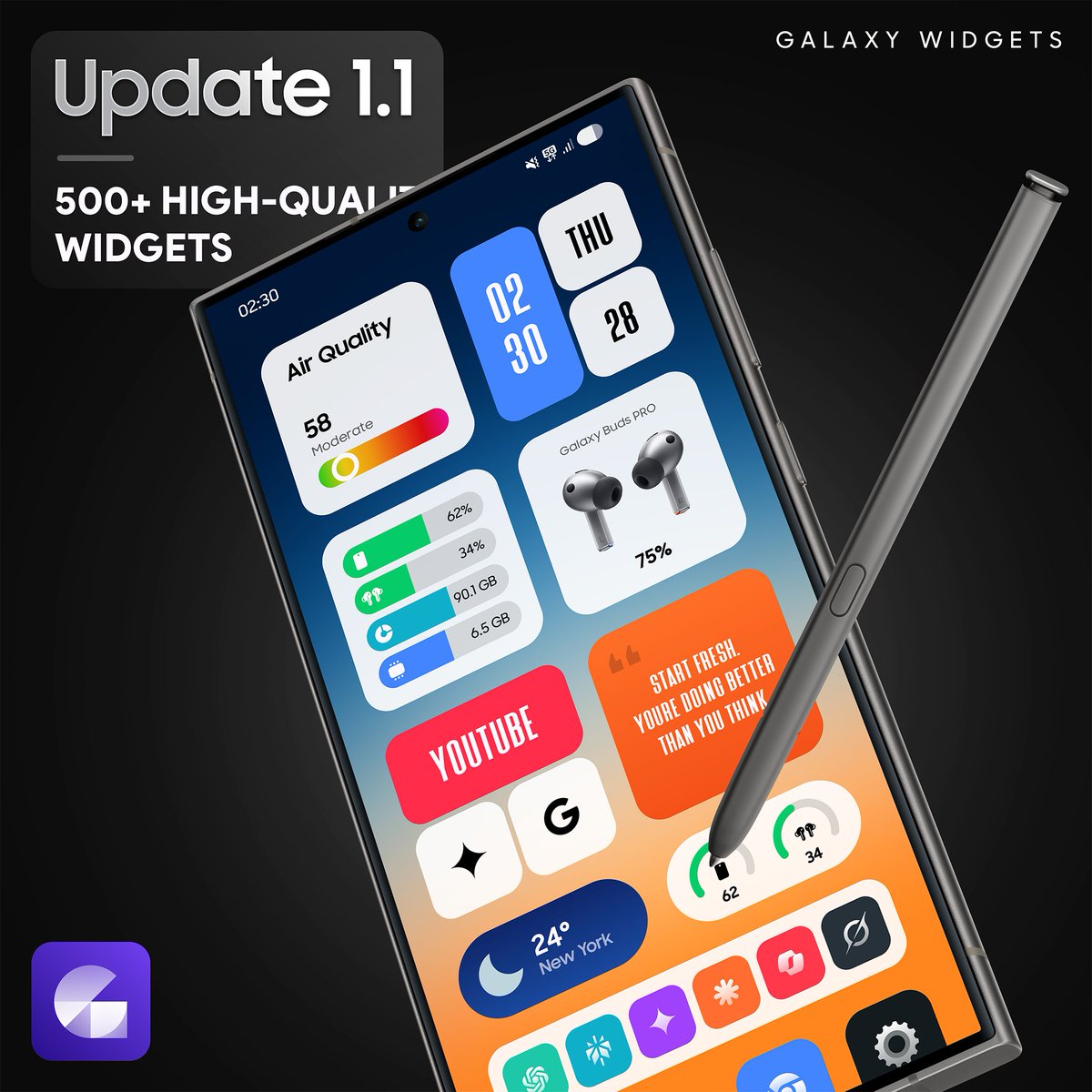 AppsLab_Co's tweet photo. Galaxy Widgets Update  1.1🚀

Now with 500+ widgets to customize your screen!

🎉 Limited-time discount — grab it now:
 https://t.co/dQiKlkt5AI

5 Promo Codes for Lucky Retweets 🎁 https://t.co/SSB2qDgZnI