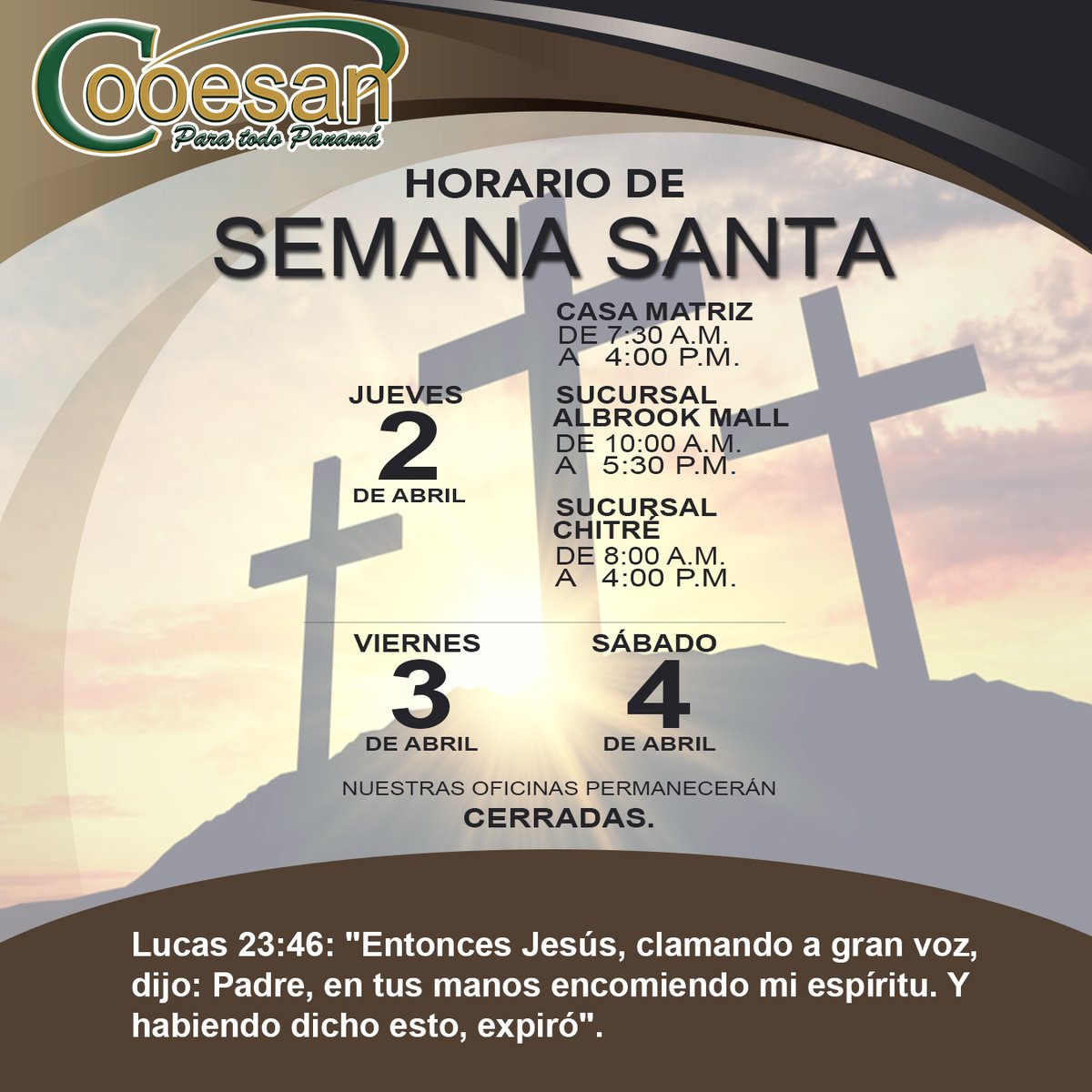 Cooesan's tweet photo. 📢✨ ¡Atención! ✨📢

Horario especial por Semana Santa:

🗓️ Jueves 2 de abril
✅ Atención en horario normal

🗓️ Viernes 3 y sábado 4 de abril
🚫 Oficinas cerradas

🙏 Que en estos días recordemos el sacrificio y el amor de Cristo, fortaleciendo nuestra fe y esperanza. https://t.co/kVgCfobcJV