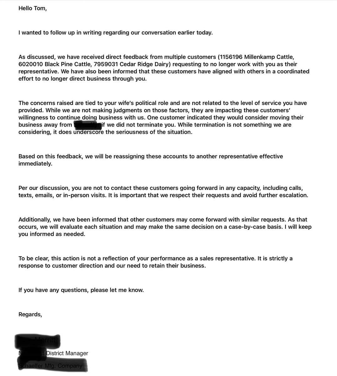MichaelAngil's tweet photo. This isn’t hypothetical.

The letter to her husband BigAg confirms customers asked he be removed specifically because of her political role.

Not performance. Politics.